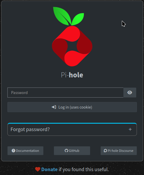 fenetre de connection a pihole